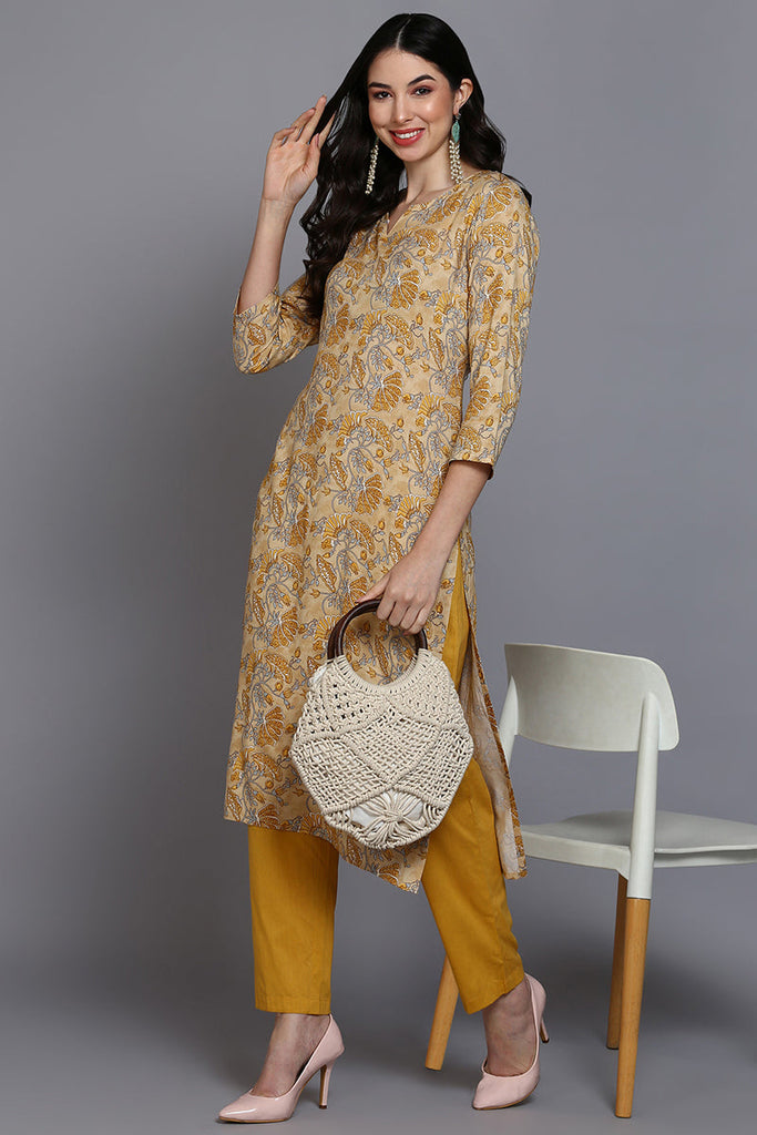 Women's Viscose Rayon Yellow Floral Printed Regular Fit Kurta