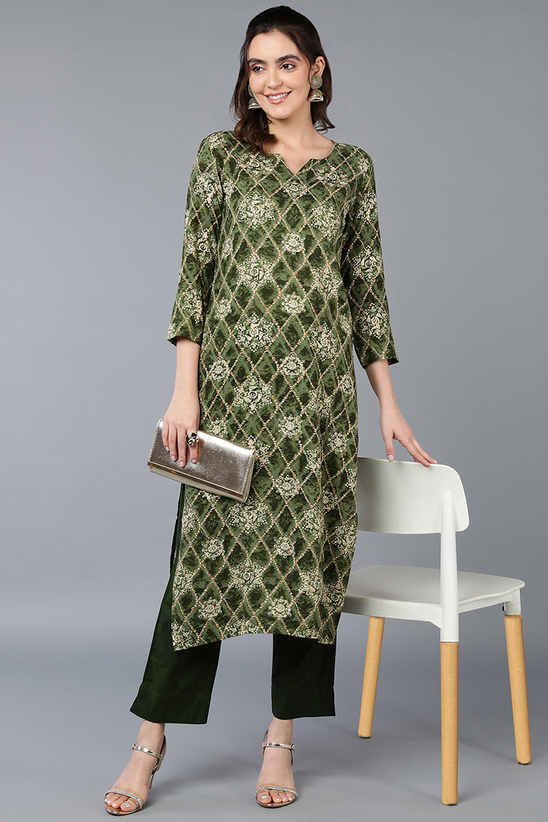 Women's Viscose Rayon Green Printed Regular Fit Kurta - Ahika