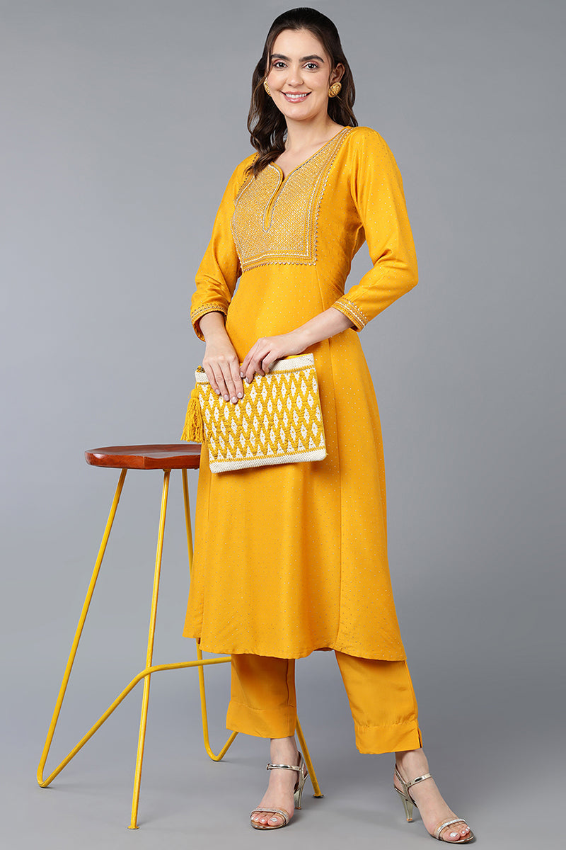 Women's Silk Blend Yellow Embroidered Flared Kurta - Ahika