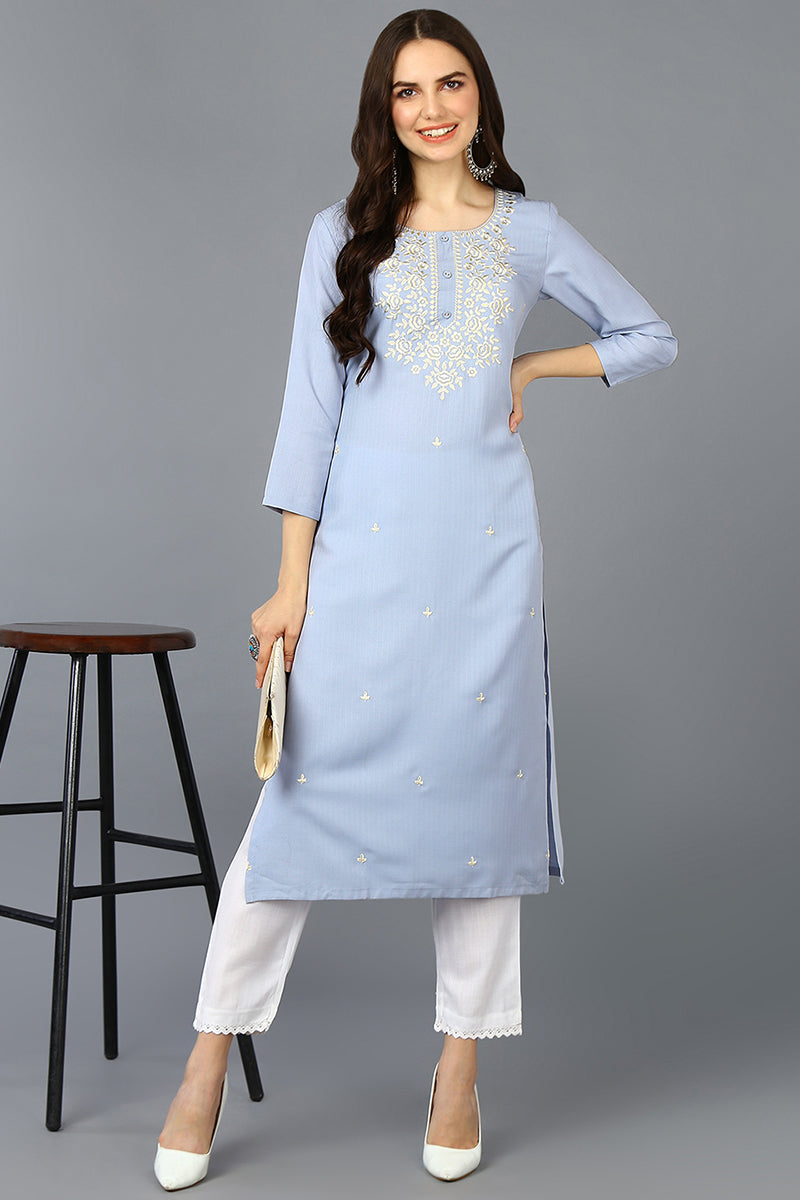 Women's Cotton Blend Blue Embroidered Regular Fit Kurta - Ahika
