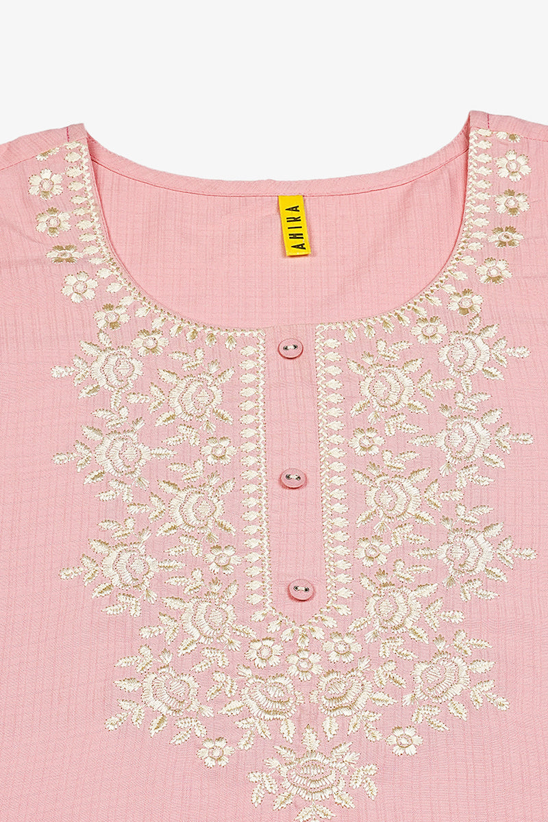 Women's Cotton Blend Pink Embroidered Regular Fit Kurta - Ahika
