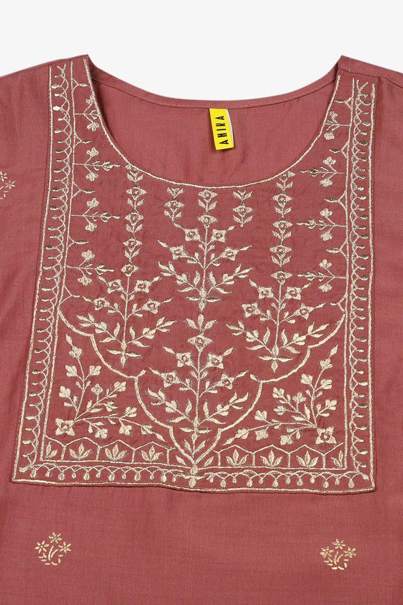 Women's Silk Blend Mauve Embroidered Regular Fit Kurta - Ahika