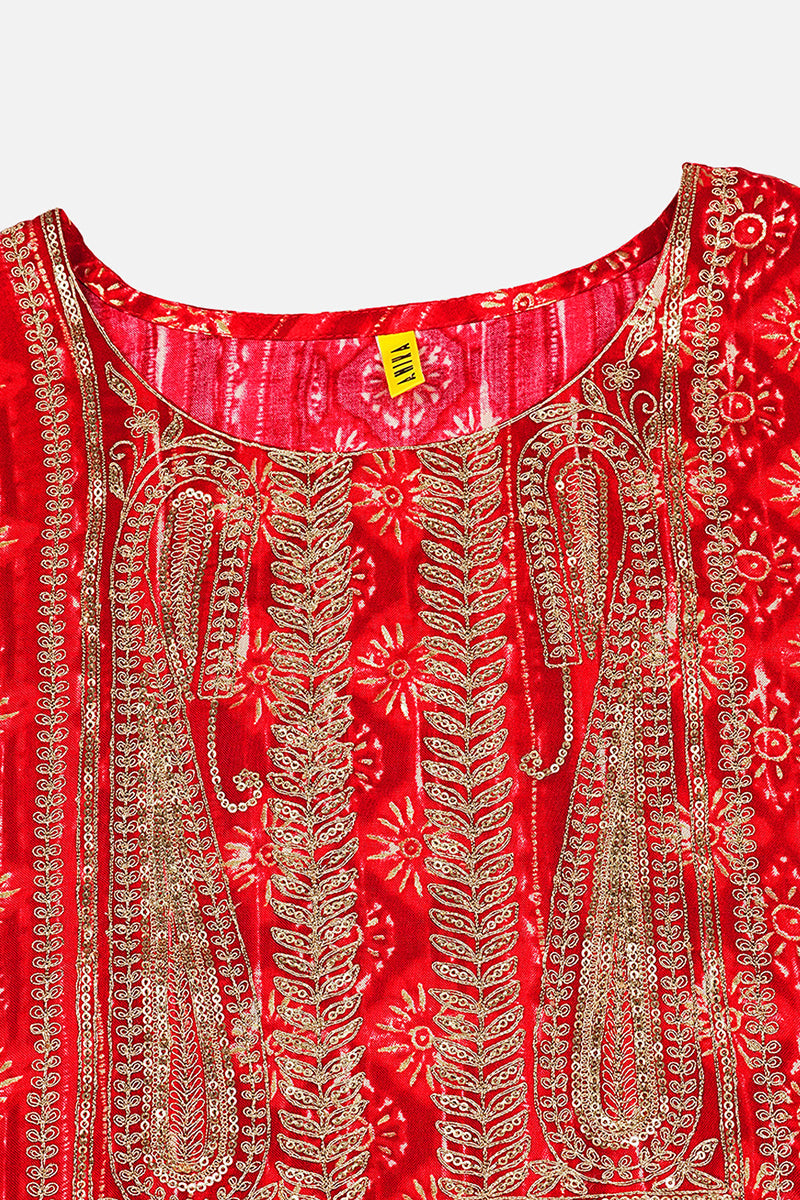 Women's Viscose Rayon Red Embroidered Regular Fit Kurta - Ahika