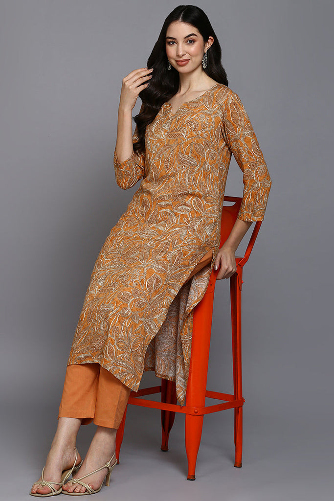 Women's Viscose Rayon Orange Printed Regular Fit Kurta