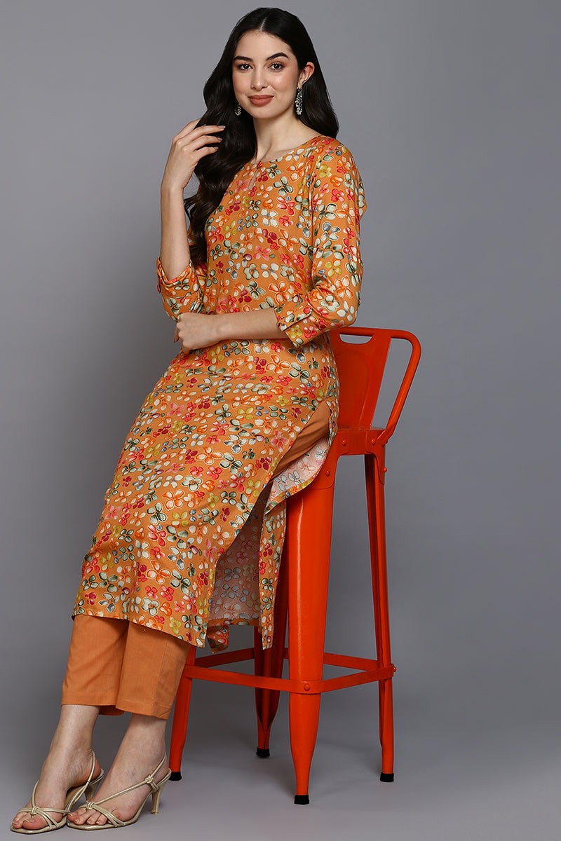 Women's Viscose Rayon Orange Floral Printed Regular Fit Kurta - Ahika