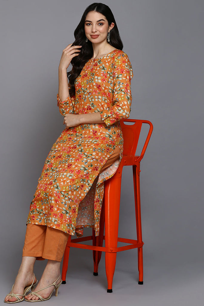 Women's Viscose Rayon Orange Floral Printed Regular Fit Kurta