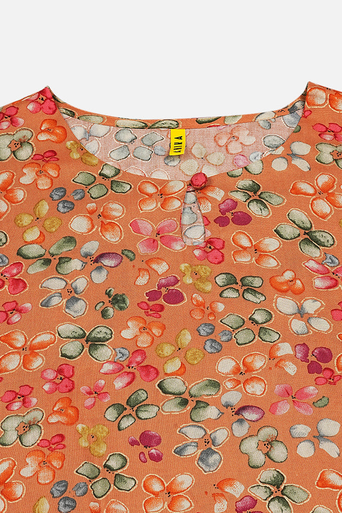 Women's Viscose Rayon Orange Floral Printed Regular Fit Kurta