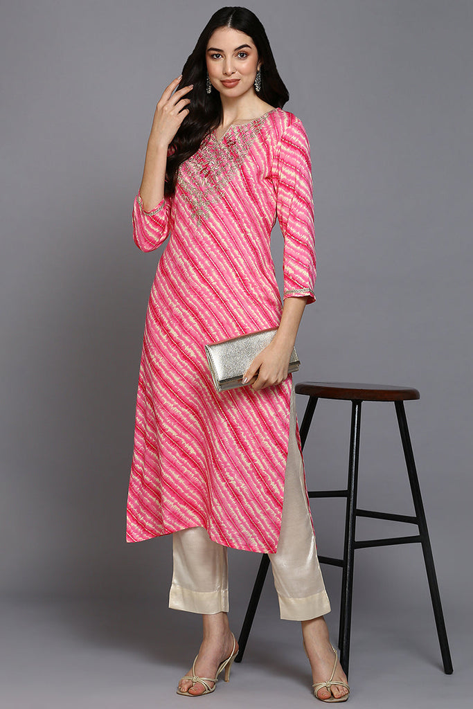 Women's Viscose Rayon Pink Leheriya Printed Regular Fit Kurta
