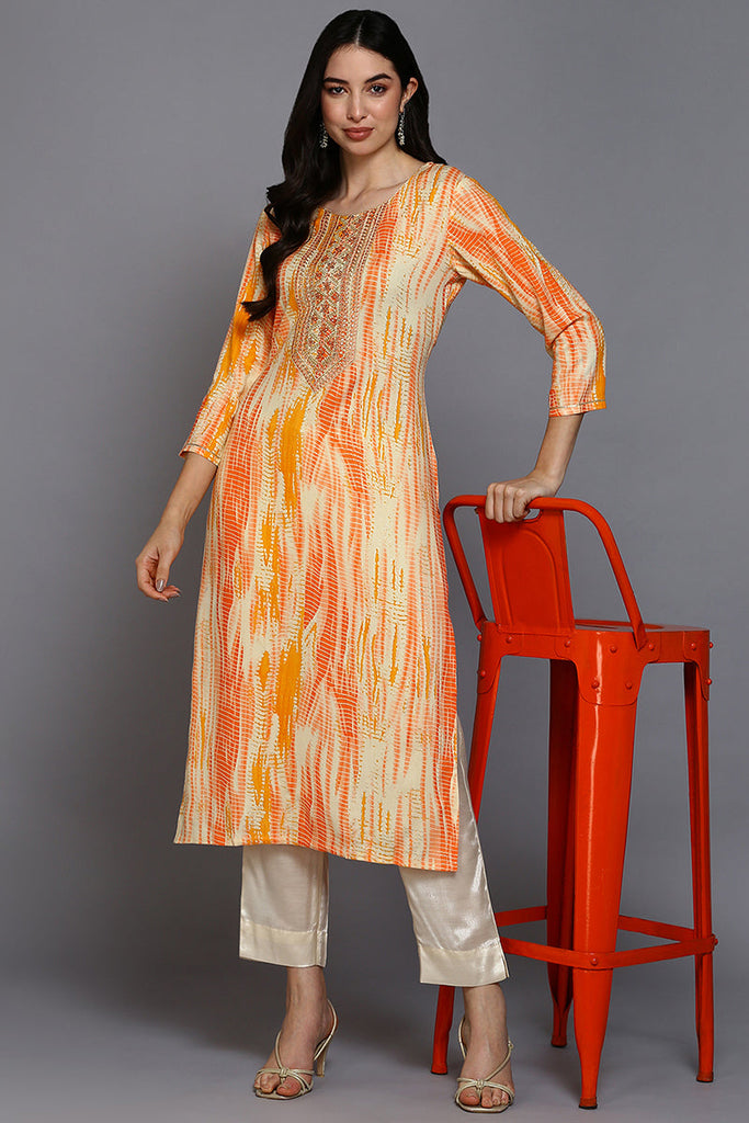 Women's Viscose Rayon Cream Printed Regular Fit Kurta