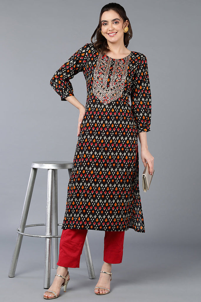 Women's Cotton Black Ikat Printed Regular Fit Kurta