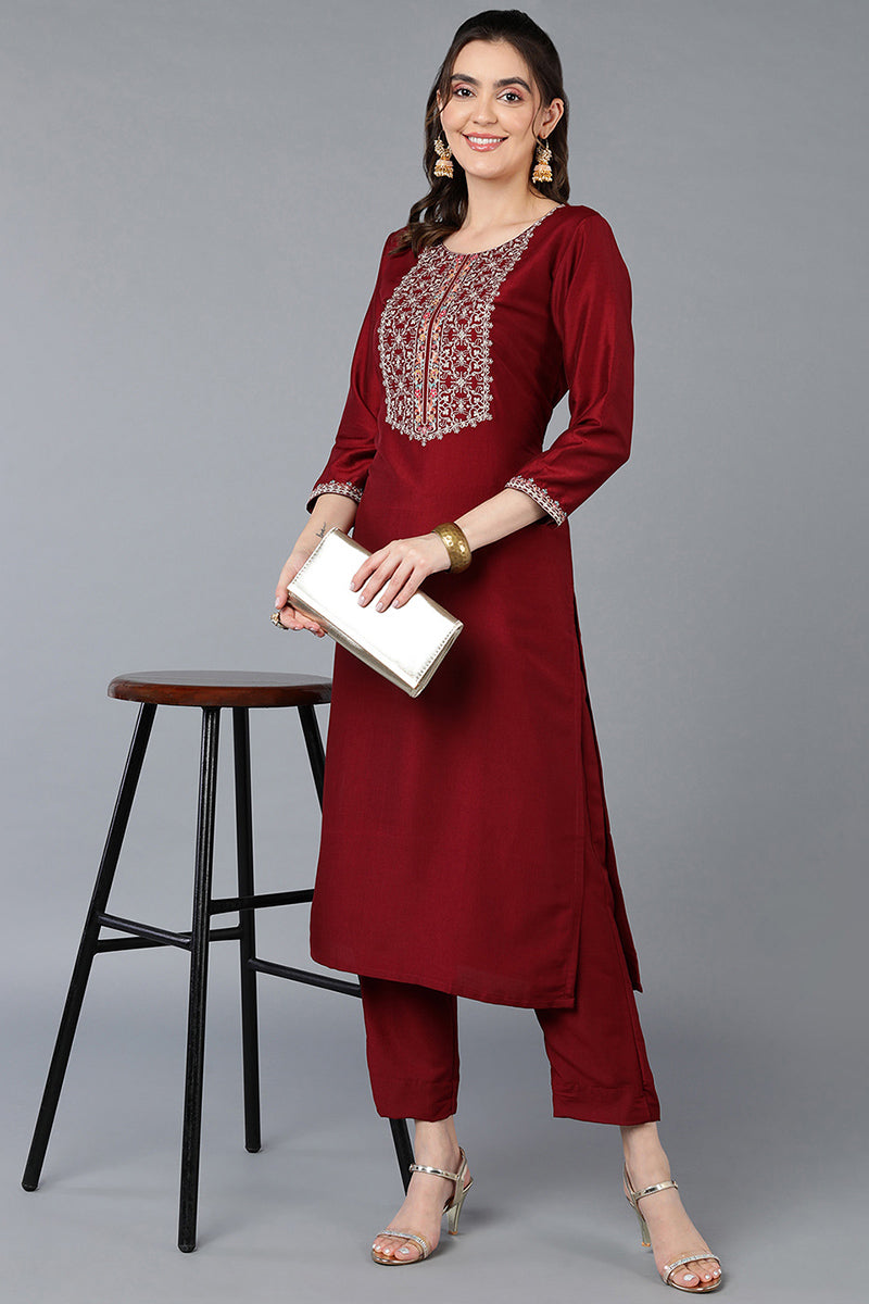 Women's Silk Blend Maroon Embroidered Regular Fit Kurta - Ahika