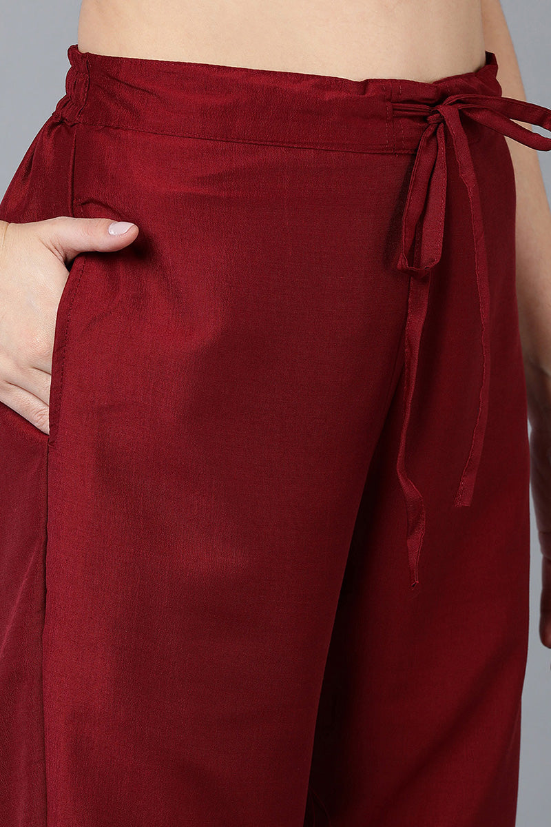 Women's Silk Blend Maroon Embroidered Regular Fit Kurta - Ahika