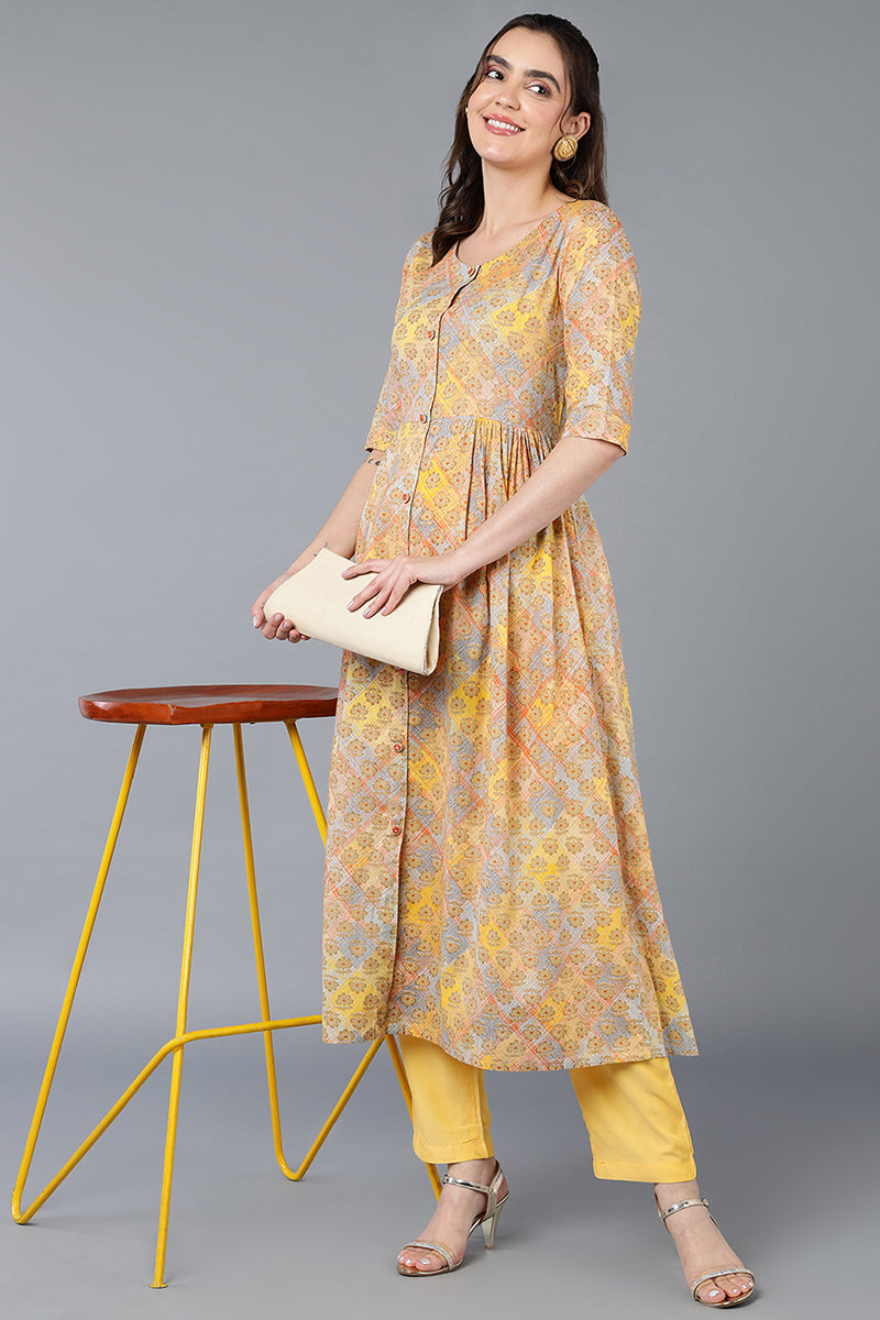 Women's Cotton Yellow Printed Flared Kurta - Ahika