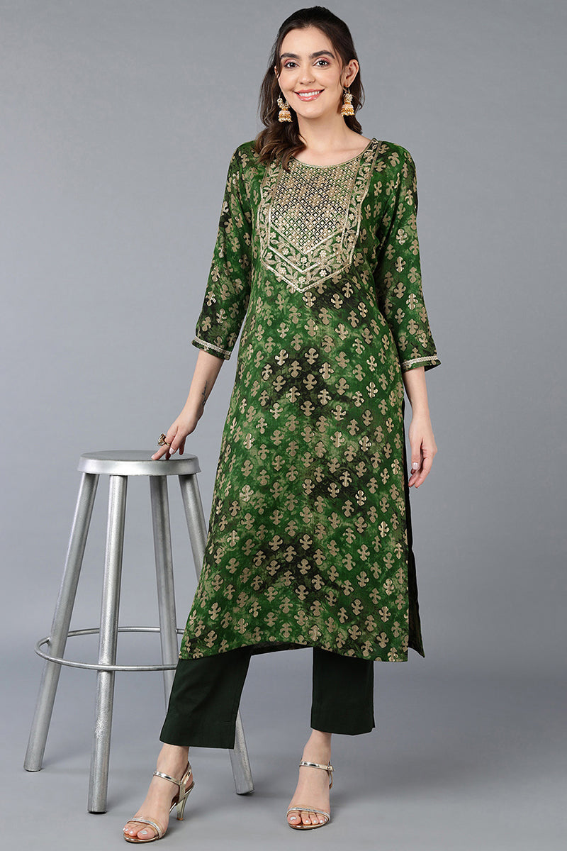 Women's Cotton Blend Green Printed Regular Fit Kurta - Ahika