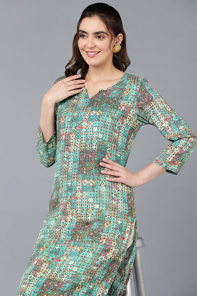 Women's Cotton Blend Green Printed Regular Fit Kurta