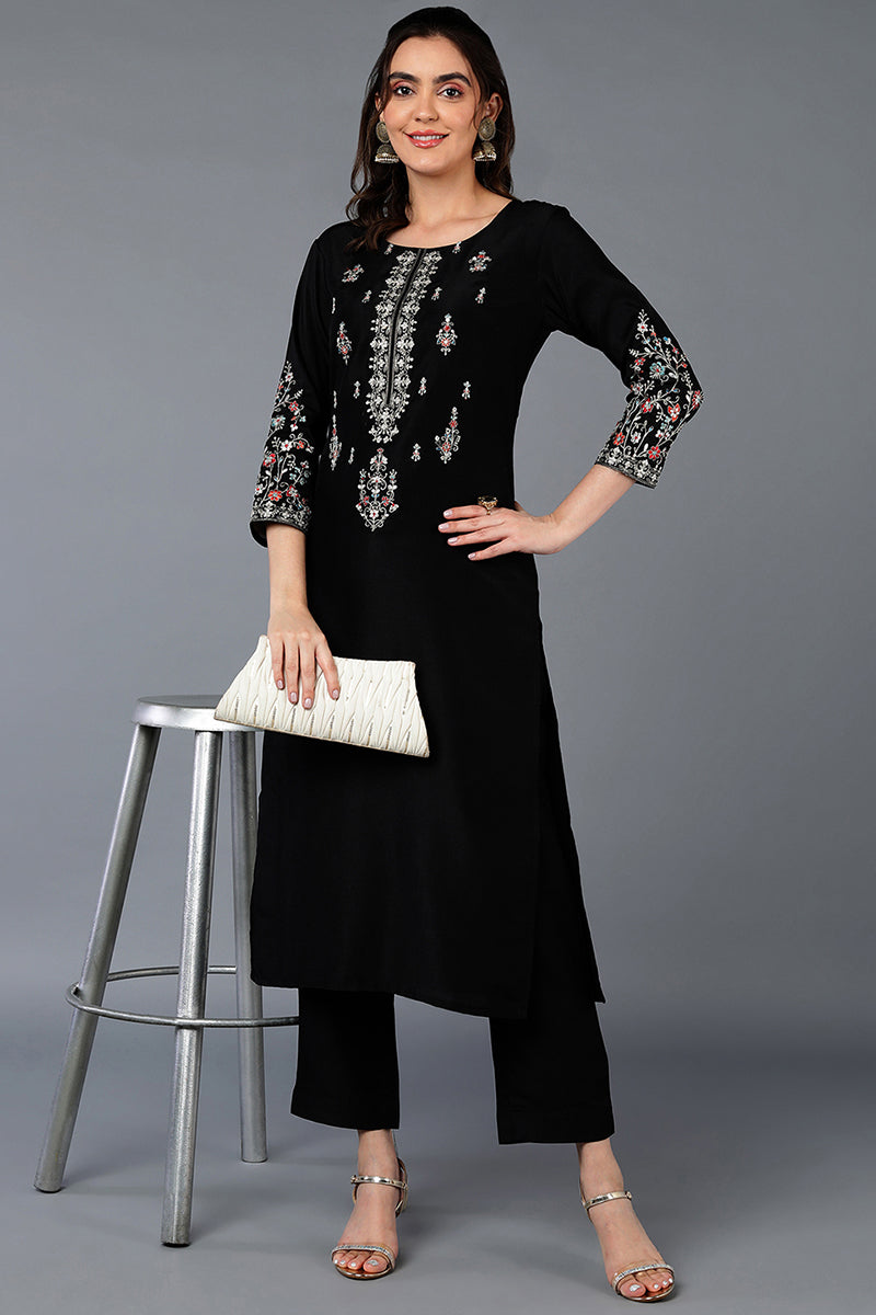 Women's Silk Blend Black Embroidered Regular Fit Kurta - Ahika