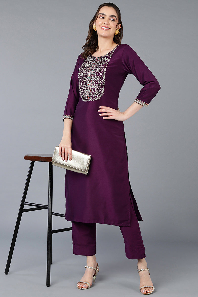 Women's Silk Blend Purple Embroidered Regular Fit Kurta - Ahika