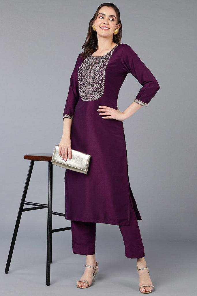 Women's Silk Blend Purple Embroidered Regular Fit Kurta
