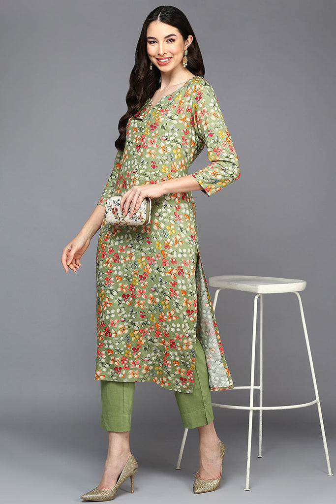 Women's Viscose Rayon Green Ethnic Printed Regular Fit Kurta