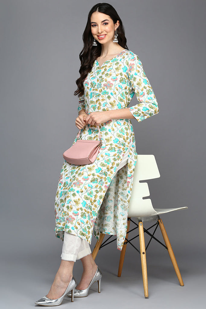 Women's Viscose Rayon Off White Floral Printed Regular Fit Kurta
