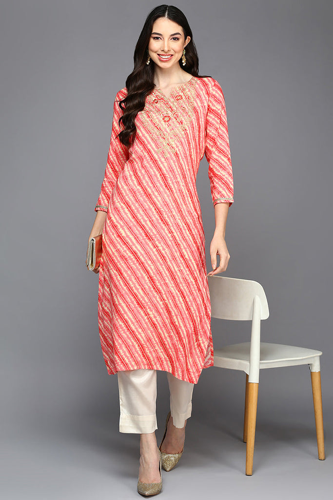 Women's Viscose Rayon Peach Leheriya Printed Regular Fit Kurta