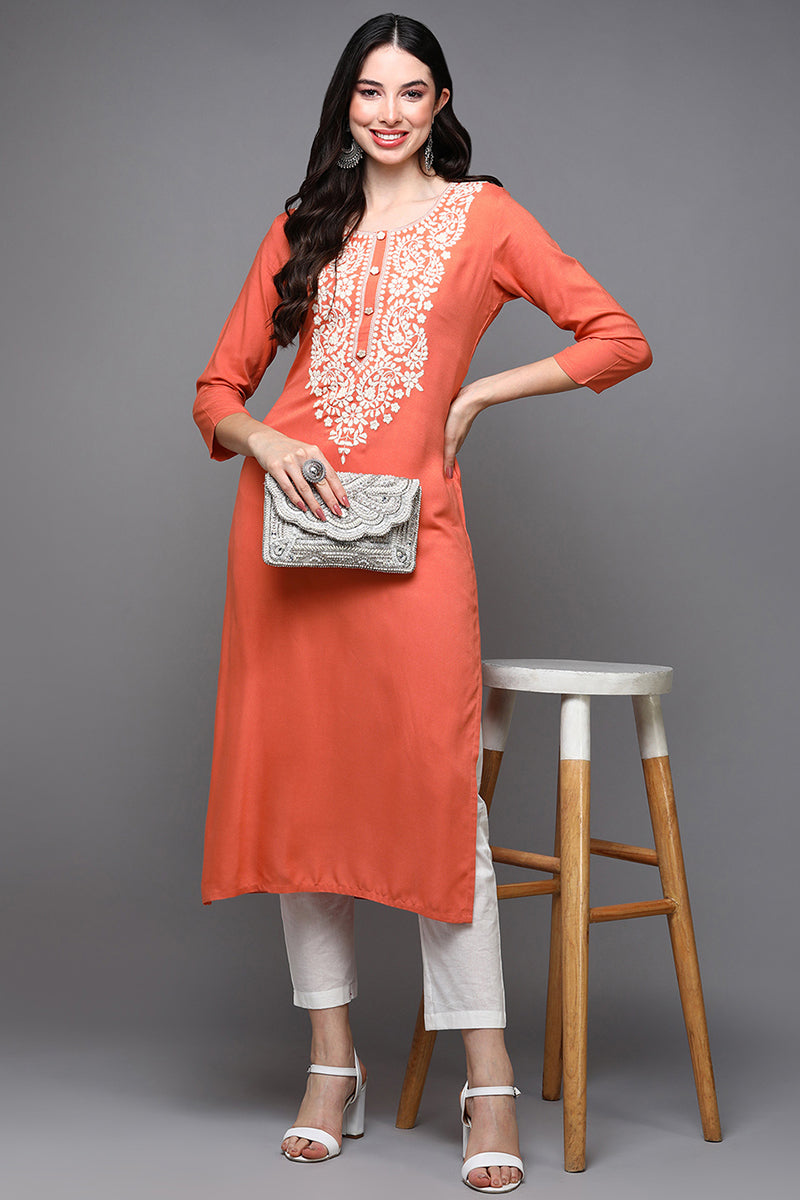 Women's Viscose Rayon Orange Embroidered Regular Fit Kurta - Ahika