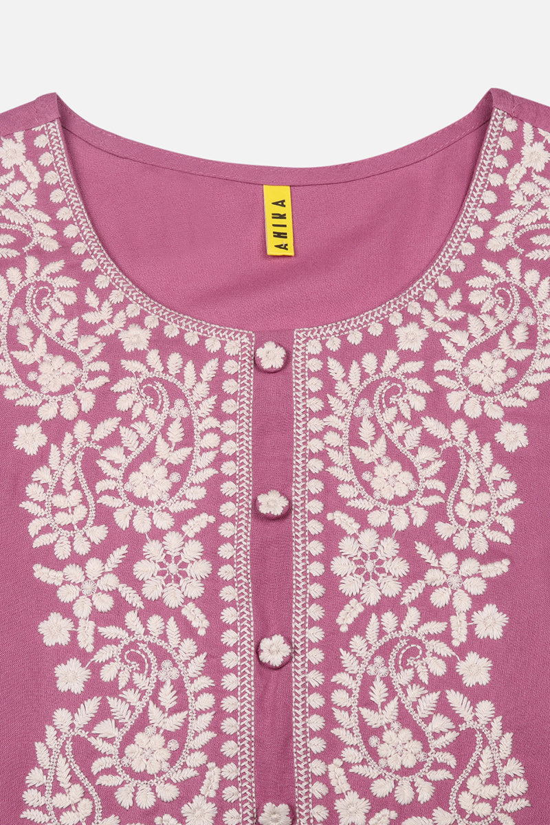 Women's Viscose Rayon Pink Embroidered Regular Fit Kurta - Ahika