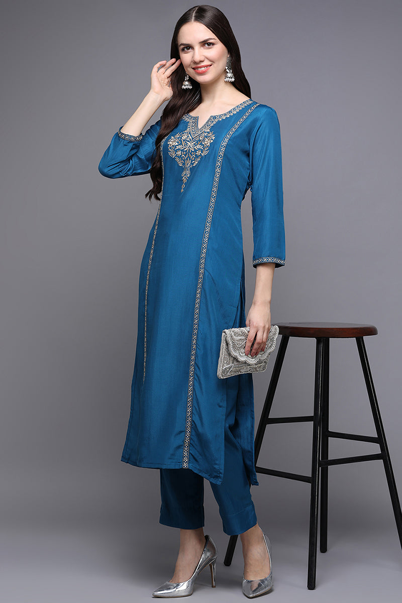 Women's Silk Blend Blue Embroidered Regular Fit Kurta - Ahika