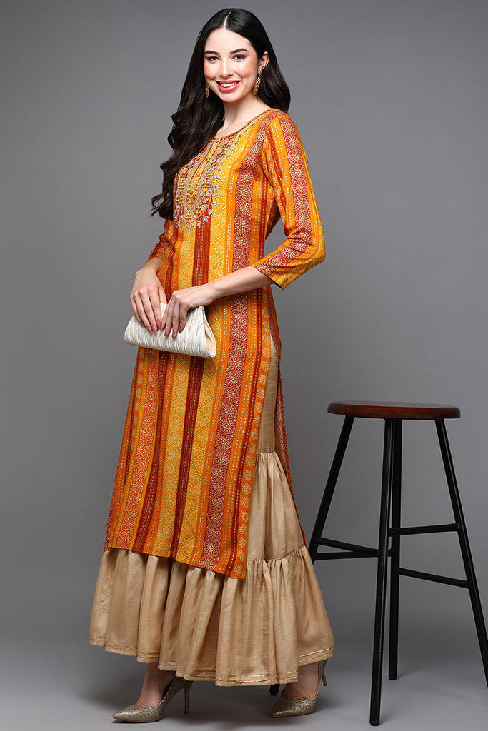 Women's Yellow Viscose Rayon Bandhani Printed Kurta