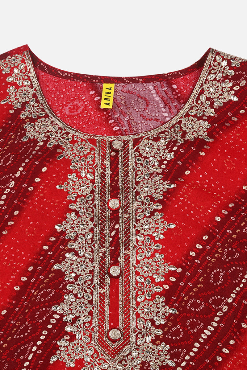 Women's Viscose Rayon Red Bandhani Printed Regular Fit Kurta - Ahika