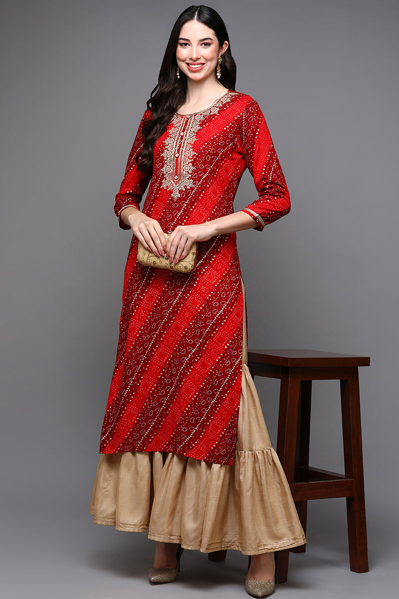 Women's Viscose Rayon Red Bandhani Printed Regular Fit Kurta - Ahika