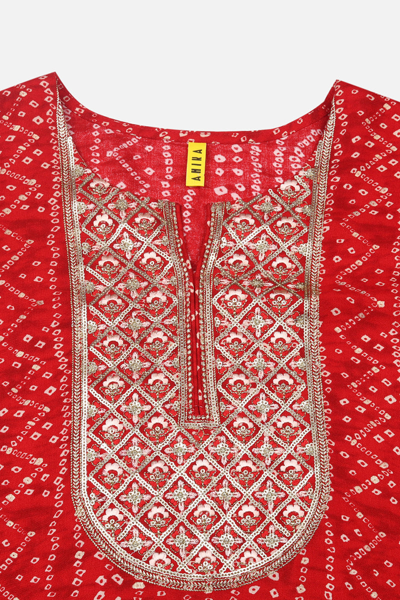 Women's Red Viscose Rayon Bandhani Printed Regular Fit Kurta - Ahika