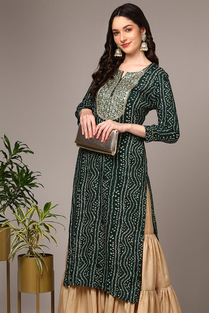 Women's Green Viscose Rayon Bandhani Printed Regular Fit Kurta
