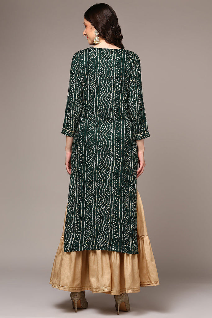 Women's Green Viscose Rayon Bandhani Printed Regular Fit Kurta