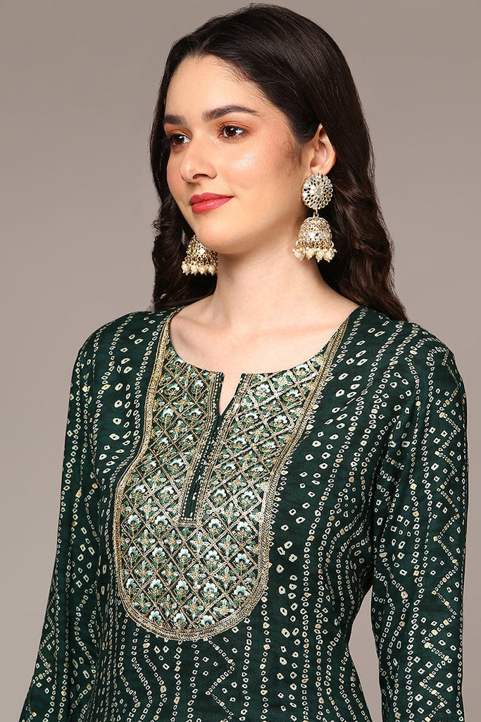 Women's Green Viscose Rayon Bandhani Printed Regular Fit Kurta