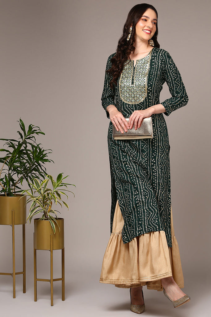 Women's Green Viscose Rayon Bandhani Printed Regular Fit Kurta