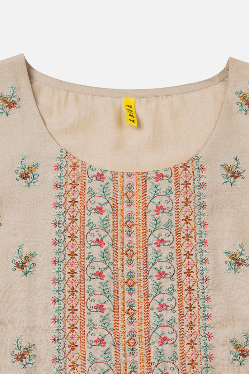 Women's Silk Blend Beige Embroidered Regular Fit Kurta - Ahika