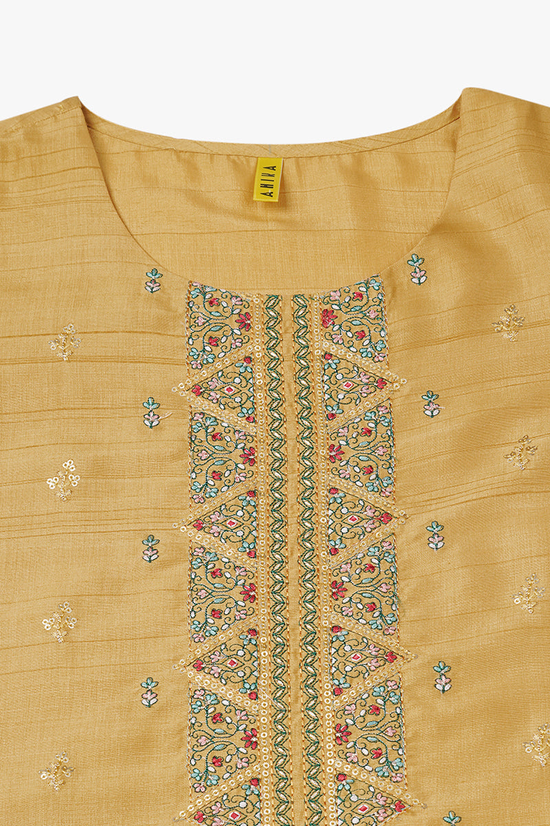 Women's Silk Blend Yellow Embroidered Regular Fit Kurta - Ahika