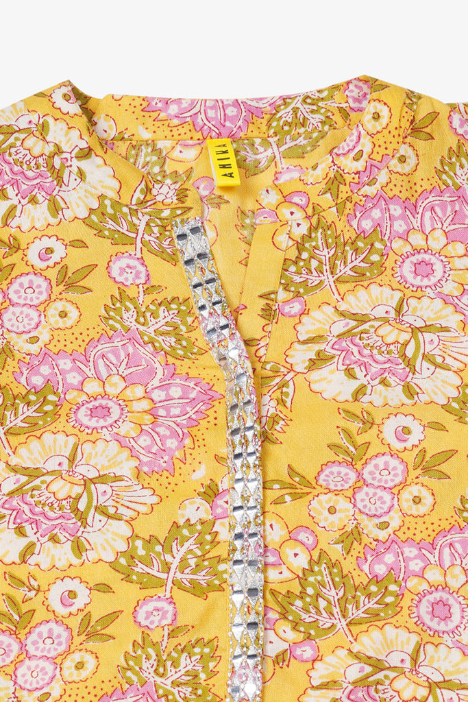 Women's Yellow Cotton Floral Printed Regular Fit Kurta