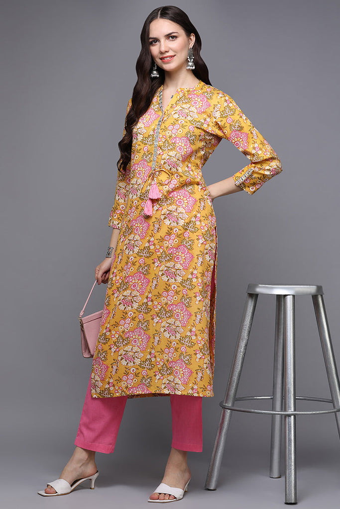 Women's Yellow Cotton Floral Printed Regular Fit Kurta