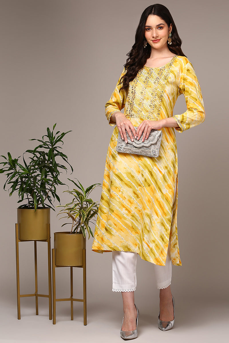 Women's Yellow Viscose Rayon Leheriya Printed Regular Fit Kurta - Ahika