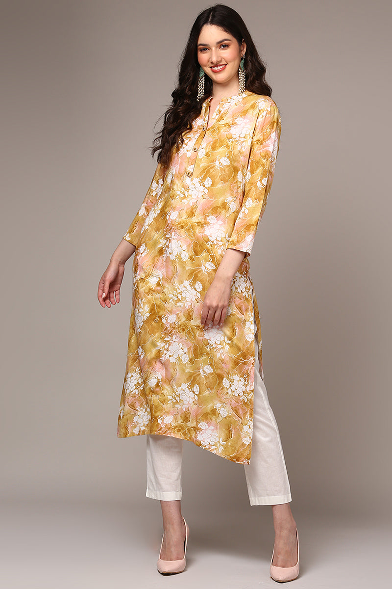 Women's Viscose Rayon Yellow Floral Printed Regular Fit Kurta - Ahika
