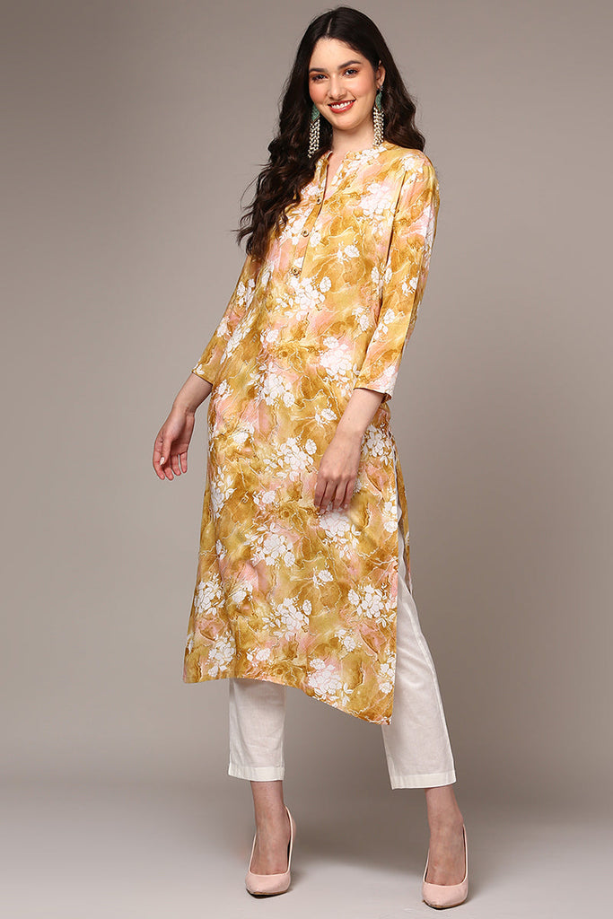 Women's Viscose Rayon Yellow Floral Printed Regular Fit Kurta