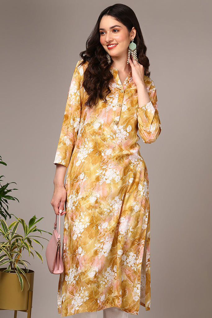 Women's Viscose Rayon Yellow Floral Printed Regular Fit Kurta
