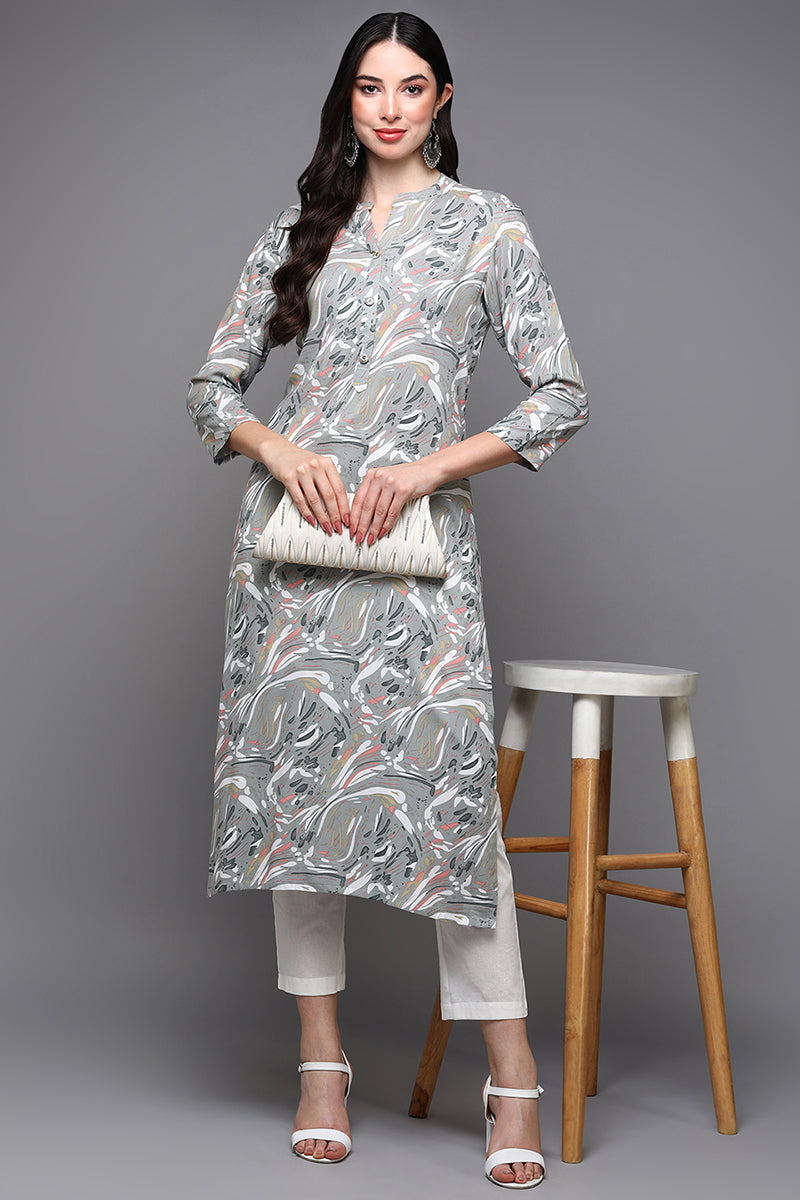 Women's Viscose Rayon Grey Abstract Printed Regular Fit Kurta - Ahika