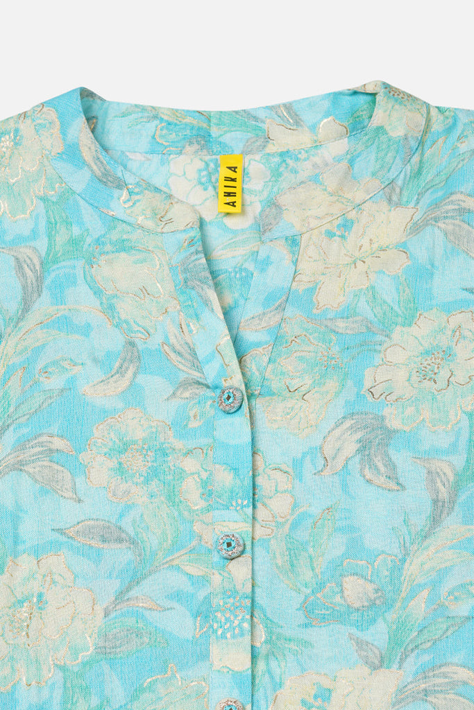Women's Turquoise Blue Viscose Rayon Floral Printed Regular Fit Kurta