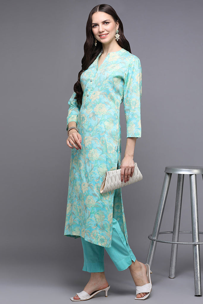 Women's Turquoise Blue Viscose Rayon Floral Printed Regular Fit Kurta