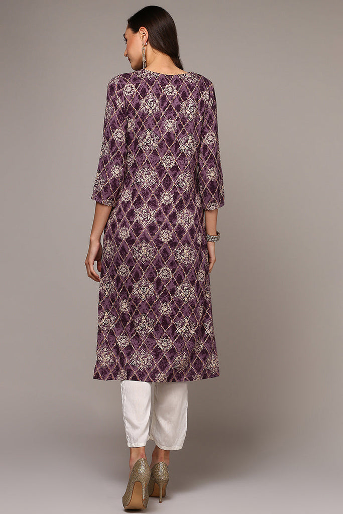 Women's Purple Viscose Rayon Ethnic Motifs Straight Kurta