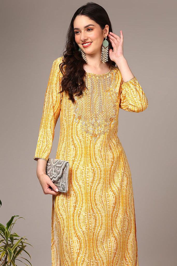 Women's Yellow Viscose Rayon Abstract Printed Kurta