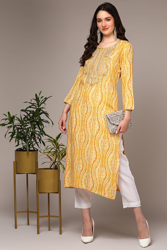 Women's Yellow Viscose Rayon Abstract Printed Kurta
